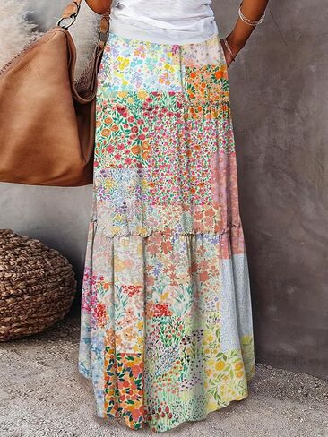 Women's Patchwork Floral Print Tiered Maxi Skirt with Drawstring Waist Daily Casual Summer Vacation in Kuwait