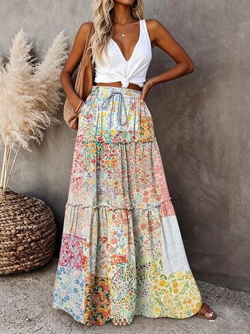 Women's Patchwork Floral Print Tiered Maxi Skirt with Drawstring Waist Daily Casual Summer Vacation in Kuwait