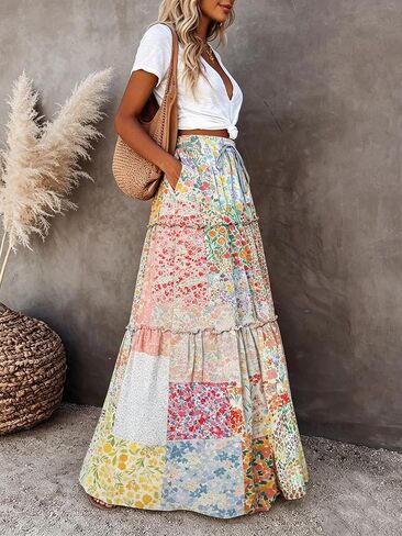 Women's Patchwork Floral Print Tiered Maxi Skirt with Drawstring Waist Daily Casual Summer Vacation in Kuwait