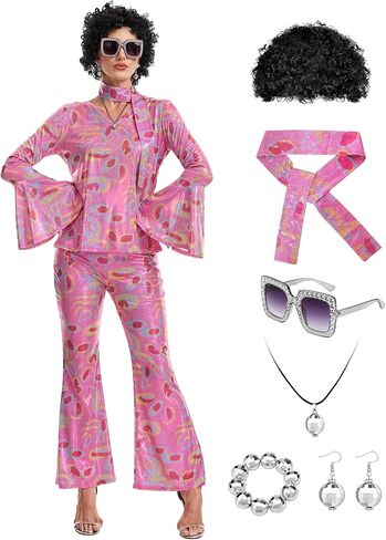 70s Disco Costume for Women-Disco Outfit with Sequin Top & Bell Bottoms,Wig,Earrings,glasses,Necklace,Headband in Saudi Arabia