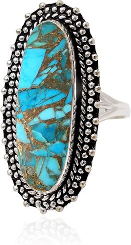 925 Sterling Silver Blue Copper Turquoise Ring for Women, Long Oval Gemstone Statement Ring, Handmade Vintage Style Boho Jewelry, Natural Stone Handmade Tiger's Eye Silver Ring in Saudi Arabia