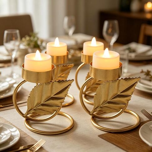2Pcs Leaf Tea Light Candle Holder, Gold Metal Candle Stand for Home Decor, Dining Table, Living Room, Coffee, Table Centerpiece in Kuwait