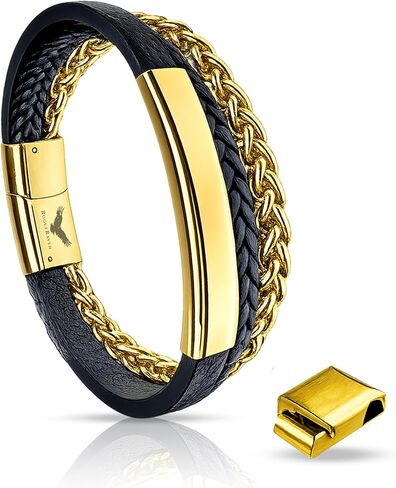 RogueRaven Premium I Black Leather Bracelet for Men | Genuine Braided Leather: Single, Double, Stacked & Stainless Steel Chain Designs| Genuine Leather Mens Bracelet with Stainless Steel Clasp [Adjustable] | Exclusive Jewelry Gift Box in Saudi Arabia