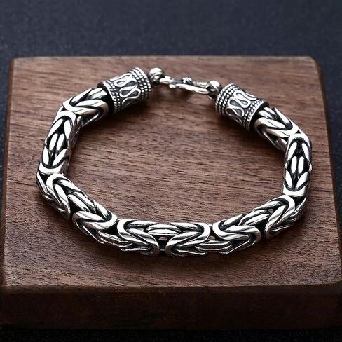 Pure S925 Silver Men 8mm Round Byzantine Link Bracelet 8.26inch in Kuwait