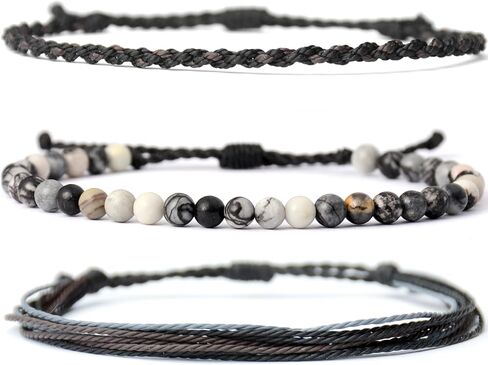 Mezcla Vida Men's 3-Pack Adjustable Bracelet Set | Natural Stone Beaded + Waxed String + Woven Rope | Waterproof Bracelets Gift for Men (Black Pulse, Beach) in Saudi Arabia