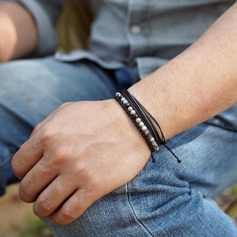 Mezcla Vida Men's 3-Pack Adjustable Bracelet Set | Natural Stone Beaded + Waxed String + Woven Rope | Waterproof Bracelets Gift for Men (Black Pulse, Beach) in Saudi Arabia