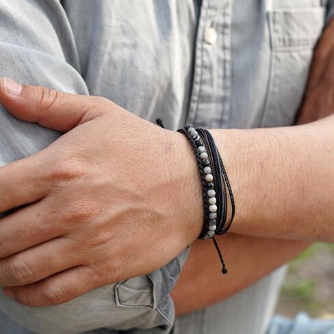 Mezcla Vida Men's 3-Pack Adjustable Bracelet Set | Natural Stone Beaded + Waxed String + Woven Rope | Waterproof Bracelets Gift for Men (Black Pulse, Beach) in Saudi Arabia