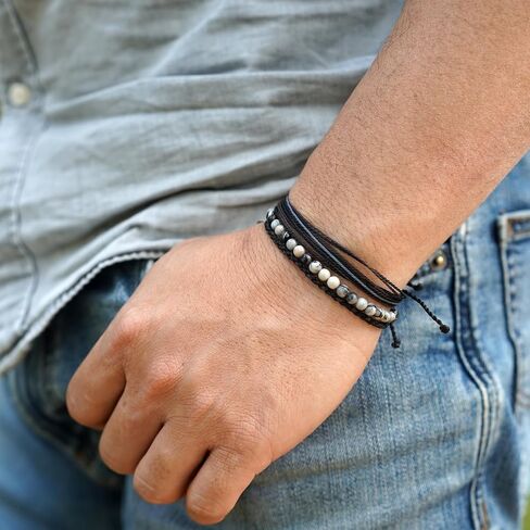 Mezcla Vida Men's 3-Pack Adjustable Bracelet Set | Natural Stone Beaded + Waxed String + Woven Rope | Waterproof Bracelets Gift for Men (Black Pulse, Beach) in Saudi Arabia