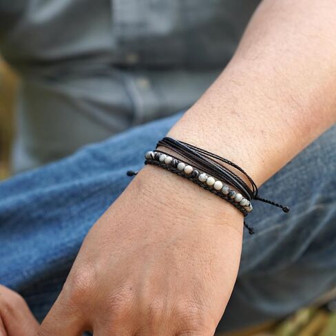 Mezcla Vida Men's 3-Pack Adjustable Bracelet Set | Natural Stone Beaded + Waxed String + Woven Rope | Waterproof Bracelets Gift for Men (Black Pulse, Beach) in Saudi Arabia