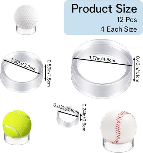 12 Pcs Baseball Holder, Clear Sphere Display Stand Acrylic Ball Stand Ring Sphere Holders - Small, Medium, Large Round Baseball Ring Stands for Baseballs Tennis Golf Balls Collections in Saudi Arabia