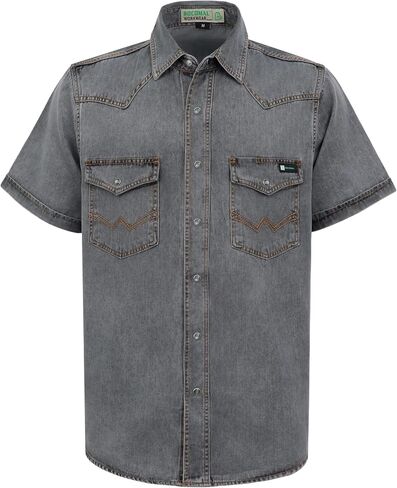 BOCOMAL Non FR - Men's Denim Work Shirt Western Cowboy Cut Short Sleeve Pearl Snap Vintage Washed Soft Relaxed Fit Workwear in Kuwait