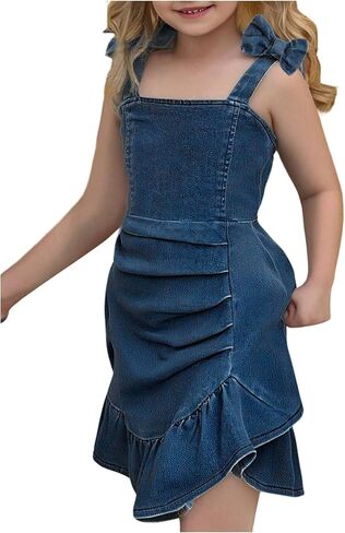 GORGLITTER Girl's Denim Ruffle Dress Cute Bow Square Neck Ruched A Line Summer Vacation Short Jean Dress in Kuwait