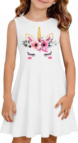 Qbily Girls Summer Sleeveless Dress A Line Swing Basic Skater Twirl Party Graphic Printed Dresses 5-14 Years in Saudi Arabia