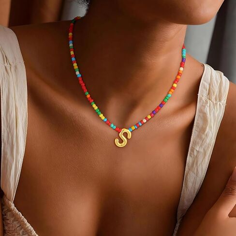 Colorful Initial Necklaces for Girls Women Kids - Teen Girls Gifts Trendy Beaded Bubble Initial Letter Necklace Dainty Gifts Choker Necklace for Girl Jewelry in Saudi Arabia