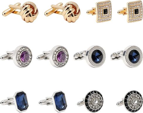 6Pairs Cufflinks Cuff Links for Men,Diamond Crystal Cufflinks,Fashion Classic Tone Cuff Links Round Square Rectangle Cufflink Shirt Studs Formal Business Wedding Gifts for Men in Kuwait