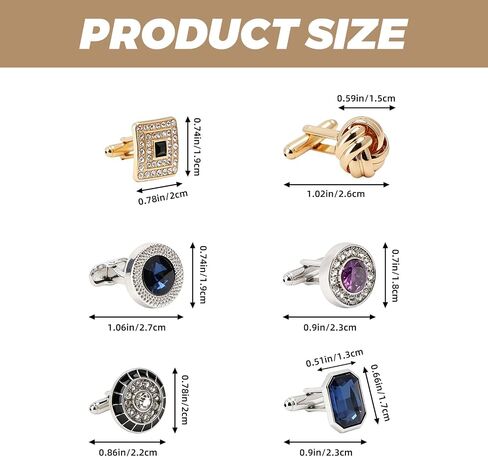 6Pairs Cufflinks Cuff Links for Men,Diamond Crystal Cufflinks,Fashion Classic Tone Cuff Links Round Square Rectangle Cufflink Shirt Studs Formal Business Wedding Gifts for Men in Kuwait