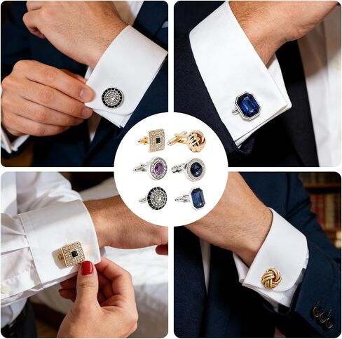 6Pairs Cufflinks Cuff Links for Men,Diamond Crystal Cufflinks,Fashion Classic Tone Cuff Links Round Square Rectangle Cufflink Shirt Studs Formal Business Wedding Gifts for Men in Kuwait