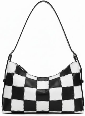 Checkered Shoulder Bag for Women - Large Vegan Leather Crossbody Purse with Adjustable Strap, Black and White Checkered Purse for Work, Travel, Shopping, Daily Use in Saudi Arabia