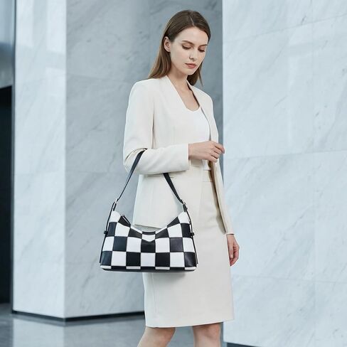 Checkered Shoulder Bag for Women - Large Vegan Leather Crossbody Purse with Adjustable Strap, Black and White Checkered Purse for Work, Travel, Shopping, Daily Use in Saudi Arabia