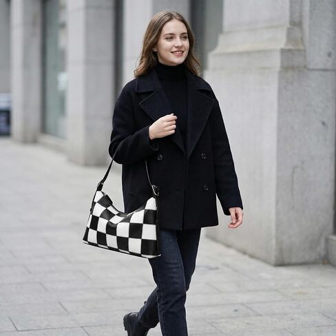 Checkered Shoulder Bag for Women - Large Vegan Leather Crossbody Purse with Adjustable Strap, Black and White Checkered Purse for Work, Travel, Shopping, Daily Use in Saudi Arabia