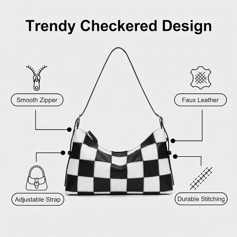 Checkered Shoulder Bag for Women - Large Vegan Leather Crossbody Purse with Adjustable Strap, Black and White Checkered Purse for Work, Travel, Shopping, Daily Use in Saudi Arabia