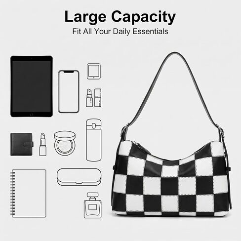 Checkered Shoulder Bag for Women - Large Vegan Leather Crossbody Purse with Adjustable Strap, Black and White Checkered Purse for Work, Travel, Shopping, Daily Use in Saudi Arabia