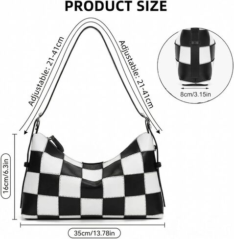 Checkered Shoulder Bag for Women - Large Vegan Leather Crossbody Purse with Adjustable Strap, Black and White Checkered Purse for Work, Travel, Shopping, Daily Use in Saudi Arabia