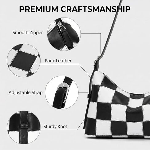 Checkered Shoulder Bag for Women - Large Vegan Leather Crossbody Purse with Adjustable Strap, Black and White Checkered Purse for Work, Travel, Shopping, Daily Use in Saudi Arabia