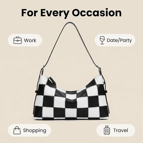 Checkered Shoulder Bag for Women - Large Vegan Leather Crossbody Purse with Adjustable Strap, Black and White Checkered Purse for Work, Travel, Shopping, Daily Use in Saudi Arabia