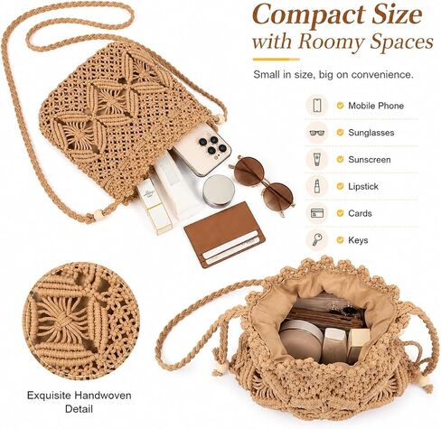 Drawstring Crochet Crossbody Bag for Women, Handwoven Cotton Straw Boho Shoulder Purse Travel Handbag in Saudi Arabia