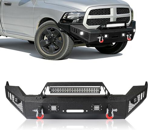 Off Road Front Bumper Fits for RAM 1500 2013-2018, Full Width Front Bumper 5 Lights D-Rings, Bull Bar Built-in Winch Plate Heavy Duty Steel, Textured Black Steel Bumper in Saudi Arabia