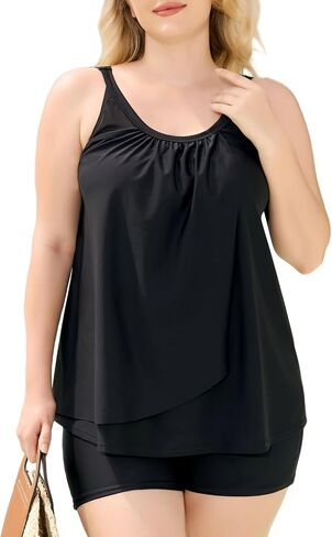 Ocean Blues Women's High Neckline Tankini Sets Tummy Control Two Piece Bathing Suits Loose Fit Swim Tank Top with Boyshorts in Kuwait