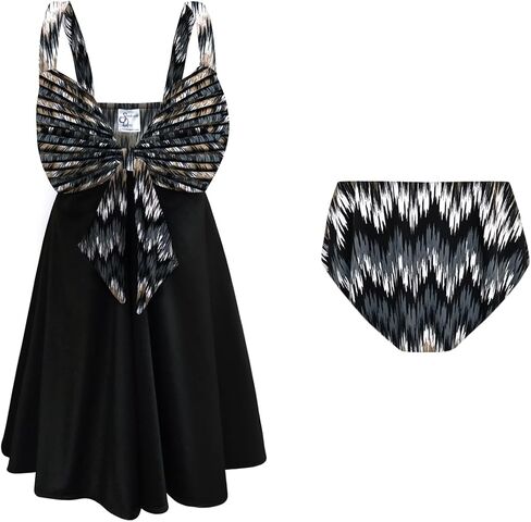 Sanctuarie Designs Plus Size Women's Swimsuit Sound Wave Design Black Skirt Two-Piece Swimdress Sweetheart Style in Saudi Arabia