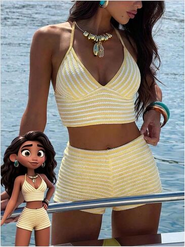 Verdusa Women's 2 Piece Tankini Swimsuits Boyshort Bikini Set Striped Tie Backless Halter Tops with Shorts Bathing Suit in Kuwait
