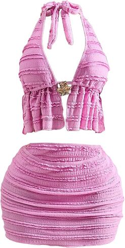 Verdusa Women's 3 Piece Ruffle Halter Tankini Sets Cheeky Bathing Suit with Beach Cover Up Skirt in Kuwait