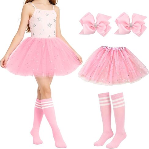 4 Pcs Tutu Skirt Set with Knee High Socks and Hair Bows, 5 Layers Fluffy Tulle Pink Sequin Ballet Dance Skirt for Princess Birthday Party Halloween in Kuwait
