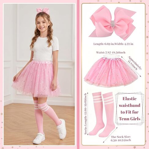 4 Pcs Tutu Skirt Set with Knee High Socks and Hair Bows, 5 Layers Fluffy Tulle Pink Sequin Ballet Dance Skirt for Princess Birthday Party Halloween in Kuwait