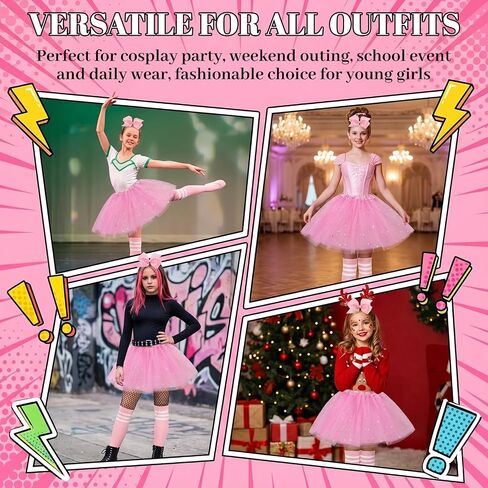 4 Pcs Tutu Skirt Set with Knee High Socks and Hair Bows, 5 Layers Fluffy Tulle Pink Sequin Ballet Dance Skirt for Princess Birthday Party Halloween in Kuwait