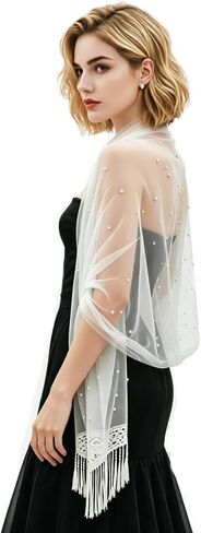 Pearl Bridal Cape Wedding Shawl with Lace, 24.4" x 77" Soft Tulle Evening Wrap, Floral Fringe Cover-up, Elegant Cape for Bride, Ceremony, Reception & Photography, Ivory in Saudi Arabia