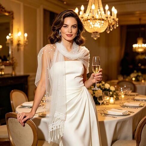 Pearl Bridal Cape Wedding Shawl with Lace, 24.4" x 77" Soft Tulle Evening Wrap, Floral Fringe Cover-up, Elegant Cape for Bride, Ceremony, Reception & Photography, Ivory in Saudi Arabia