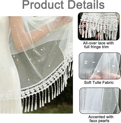 Pearl Bridal Cape Wedding Shawl with Lace, 24.4" x 77" Soft Tulle Evening Wrap, Floral Fringe Cover-up, Elegant Cape for Bride, Ceremony, Reception & Photography, Ivory in Saudi Arabia