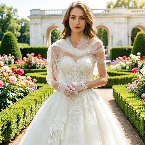 Pearl Bridal Cape Wedding Shawl with Lace, 24.4" x 77" Soft Tulle Evening Wrap, Floral Fringe Cover-up, Elegant Cape for Bride, Ceremony, Reception & Photography, Ivory in Saudi Arabia