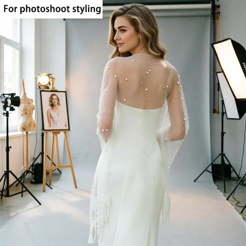 Pearl Bridal Cape Wedding Shawl with Lace, 24.4" x 77" Soft Tulle Evening Wrap, Floral Fringe Cover-up, Elegant Cape for Bride, Ceremony, Reception & Photography, Ivory in Saudi Arabia