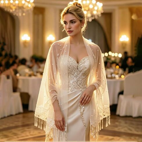 Pearl Bridal Cape Wedding Shawl with Lace, 24.4" x 77" Soft Tulle Evening Wrap, Floral Fringe Cover-up, Elegant Cape for Bride, Ceremony, Reception & Photography, Ivory in Saudi Arabia