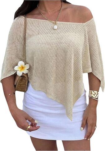 SHENHE Women's Sheer Knit Poncho Top Shawls Off The Shoulder Lightweight Sweater Cape Top in Kuwait