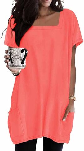 Poetsky 2026 Summer Tunic or Tops for Women to Wear with Leggings Square Neck Casual Long T Shirts with Pockets S-3XL in Saudi Arabia
