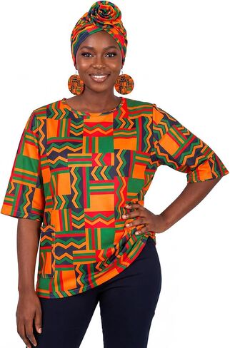 Yi-gog Womens Print Shirt African Dashiki Short Sleeve Tunic Top with Pockets Set Loose Fit T Shirts Casual Round Neck Blouse in Saudi Arabia