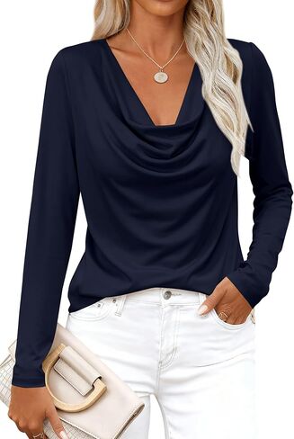 PRETTYGARDEN Womens Spring Tops 2026 Dressy Cowl Neck Long Sleeve Shirts Loose Business Casual Blouses Teacher Tunic Top(Navy Blue,Large) in Saudi Arabia