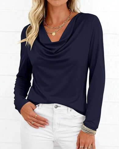 PRETTYGARDEN Womens Spring Tops 2026 Dressy Cowl Neck Long Sleeve Shirts Loose Business Casual Blouses Teacher Tunic Top(Navy Blue,Large) in Saudi Arabia