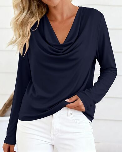 PRETTYGARDEN Womens Spring Tops 2026 Dressy Cowl Neck Long Sleeve Shirts Loose Business Casual Blouses Teacher Tunic Top(Navy Blue,Large) in Saudi Arabia